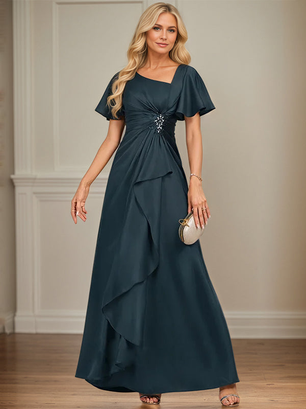 A-Linien asymmetrisches bodenlanges mattes Satin-Kleid für die Brautmutter mit Perlen, Pailletten und Falten