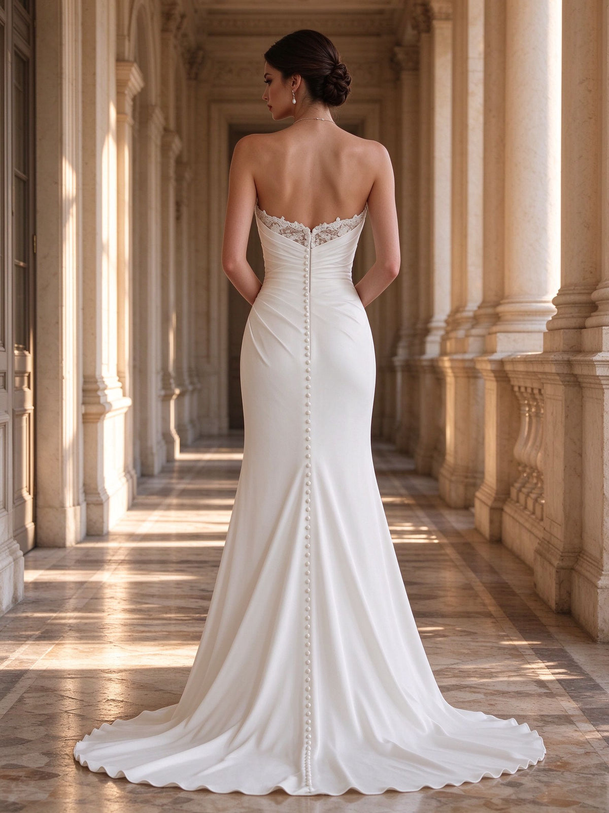 White Strapless Beaded Sweetheart Ruched Column Wedding Dress
