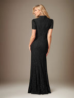 Black Chiffon Bow Tie Neckline Short Sleeves Floor Length Dress With Appliques