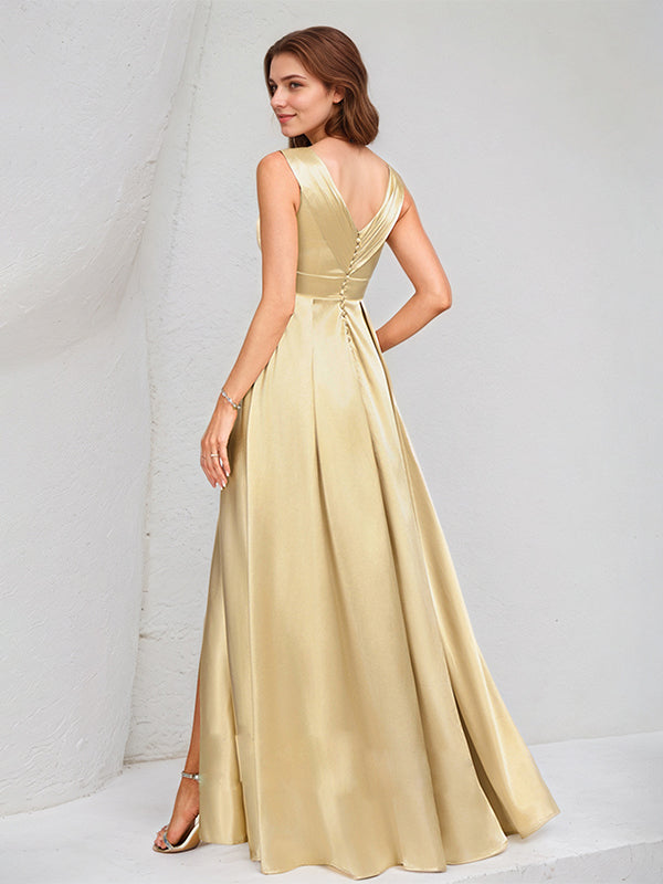 A Line Champagne Satin V Neck Sleeveless Floor Length Dress With High Slit