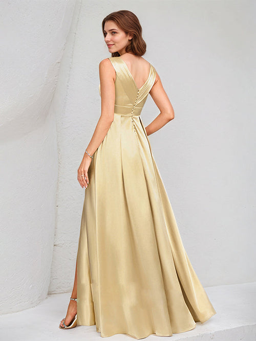 A Line Champagne Satin V Neck Sleeveless Floor Length Dress With High Slit