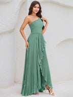 Mist Blue A Line Chiffon One Shoulder Sleeveless Asymmetrical Length Dress With Slit