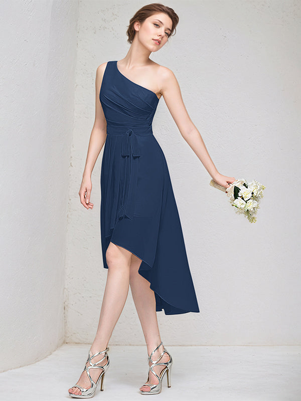 Abito da damigella a linea A blu scuro monospalla senza maniche in chiffon asimmetrico
