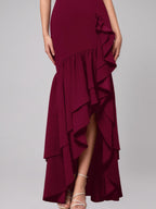 Cabernet Sheath/Column Chiffon Off The Shoulder Sleeveless Floor Length Dress With Ruffles