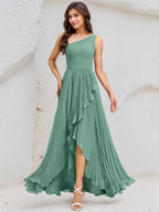Mist Blue A Line Chiffon One Shoulder Sleeveless Asymmetrical Length Dress With Slit