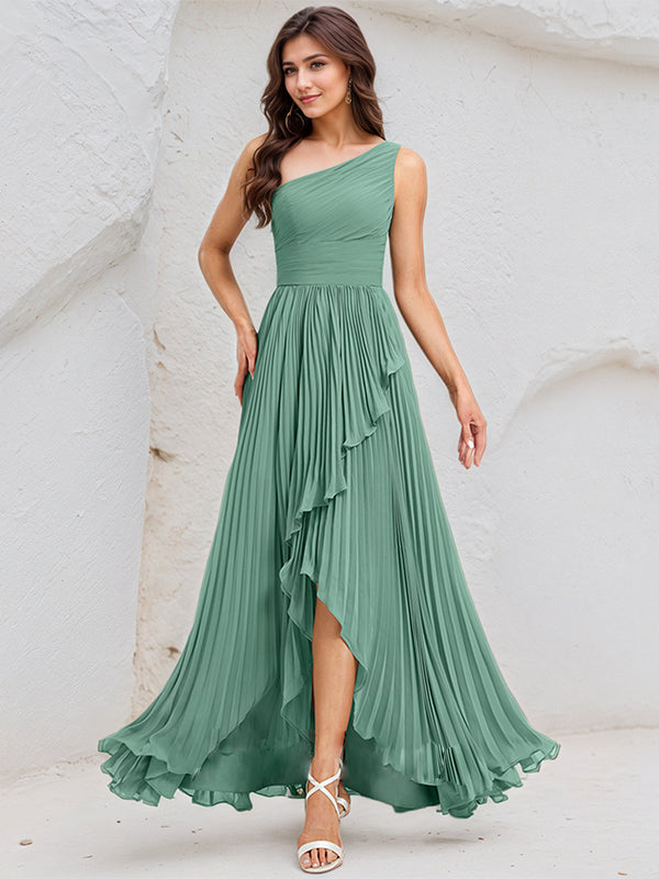Mist Blue A Line Chiffon One Shoulder Sleeveless Asymmetrical Length Dress With Slit