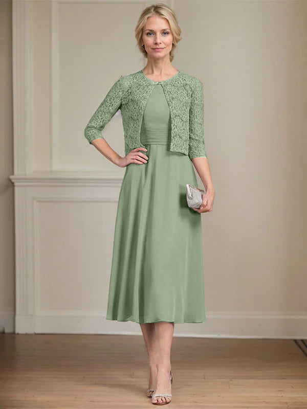 A-Linien Rundhals Tee-Länge Chiffon Kleid für die Mutter der Braut mit Falten