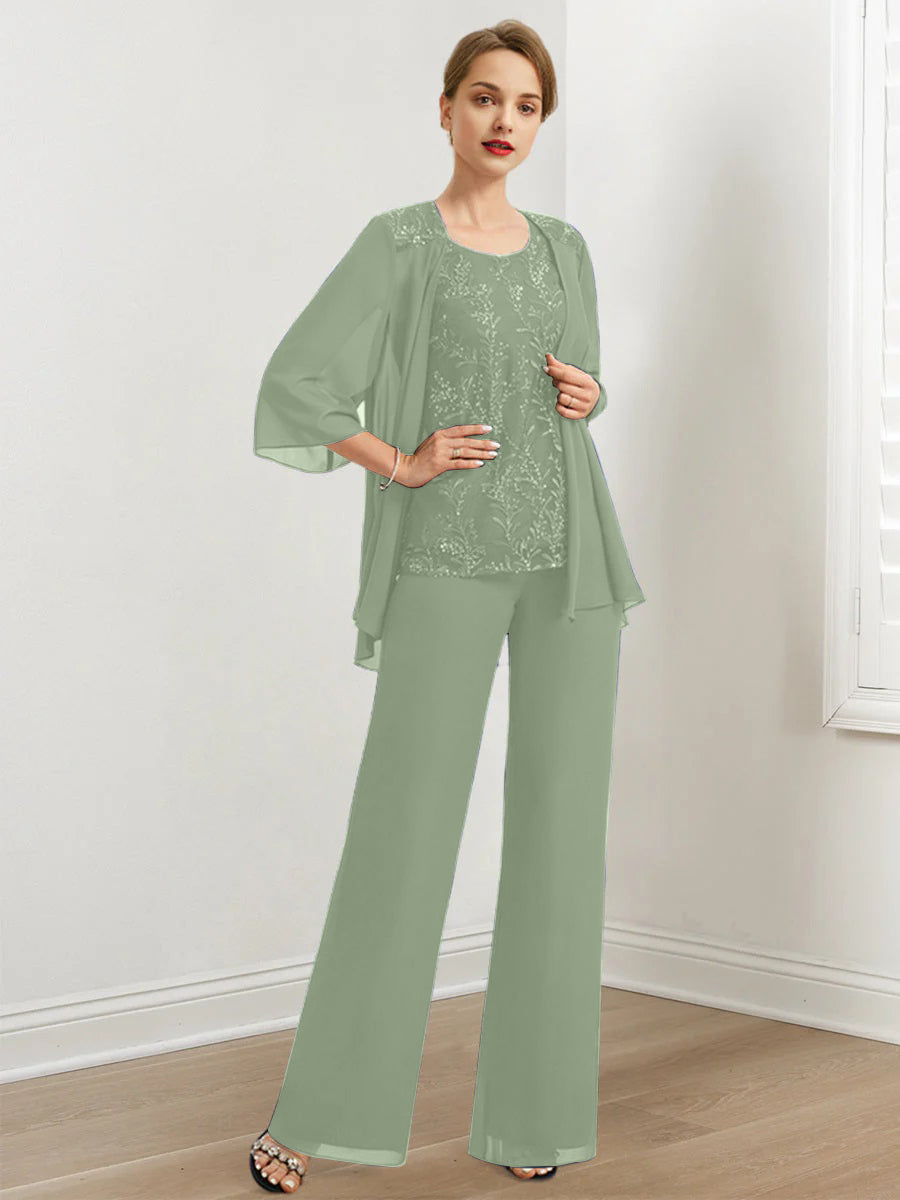 Chiffon Hosenanzüge für die Brautmutter mit Pailletten und Jacke