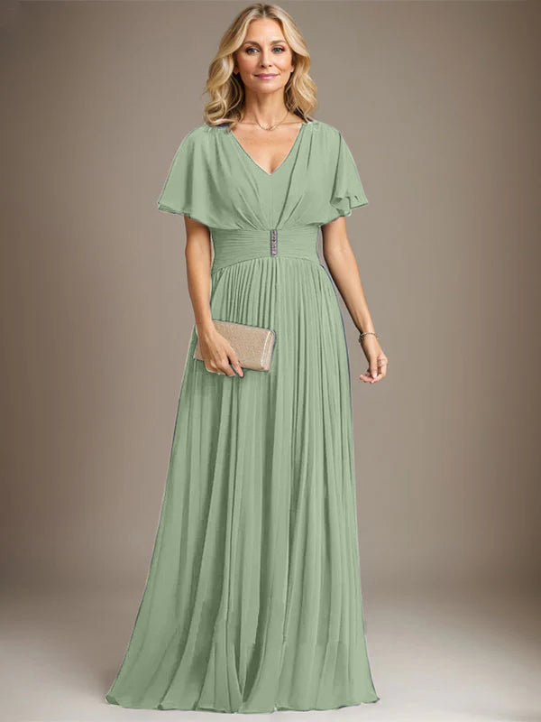 A-Linien V-Ausschnitt Bodenlanges Chiffon Brautmutterkleid mit Kristallbrosche und Plisseefalten