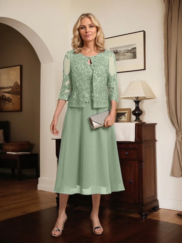 A-Linien Spitzen-Chiffon-Brautmutterkleid mit V-Ausschnitt, tea-length, mit Pailletten