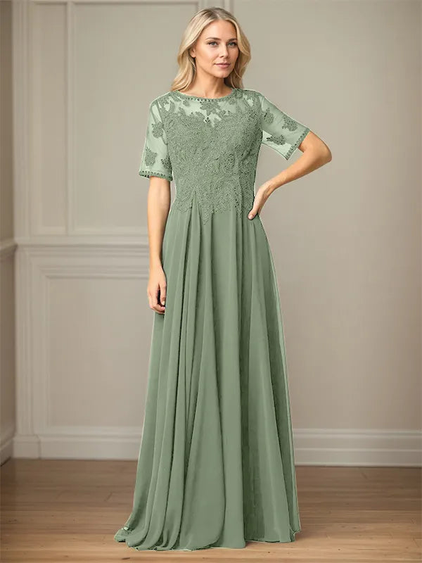 A Line Chiffon Scoop Neck Short Sleeves Floor Length Mother of the Bride Dresses