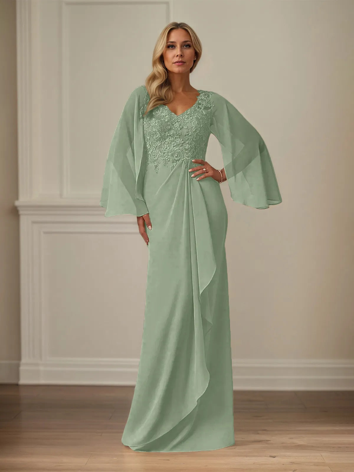 Etui/Kolumnen Chiffon V-Ausschnitt Langarm Bodenlanges Brautmutterkleid mit Applikationen