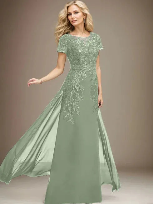 Etui/Säulen Rundhals Illusionsbodenlanges Spitzen-Chiffonkleid für die Brautmutter mit Pailletten