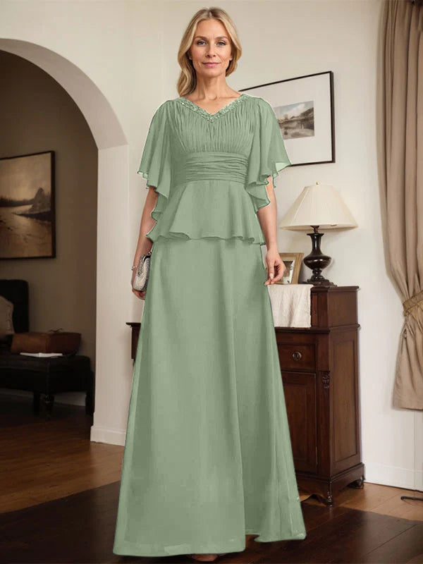 A-Linien Chiffon-Mutter-der-Braut-Kleid mit V-Ausschnitt, bodenlang, plissierte Perlenverzierung