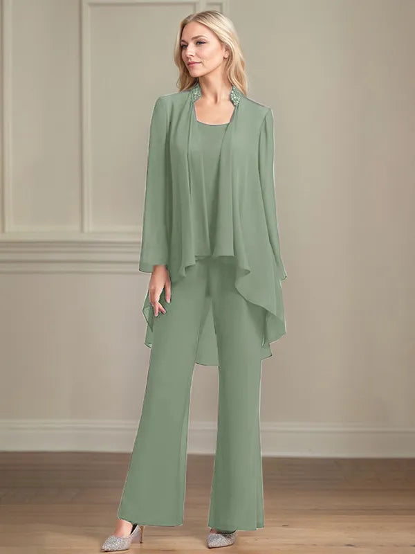 Chiffon Kleid mit Rundhalsausschnitt, langen Ärmeln, bodenlang, Hosenanzug für die Brautmutter