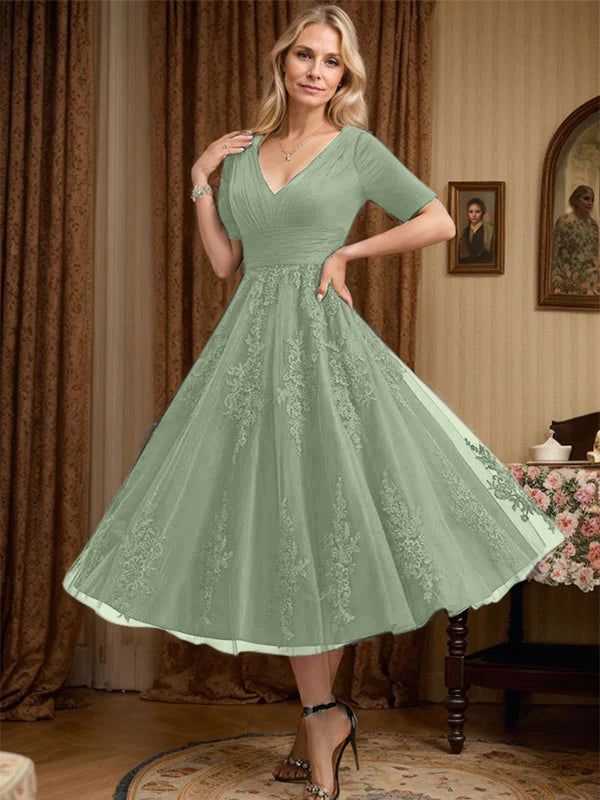 A-line V-Neck Tea-Length Tulle Lace Mother of the Bride Dress With Pleated