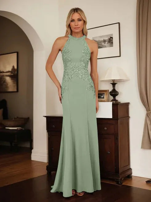 Dusty Blue Sheath Halter Long Mother of Bride Dress With Appliques