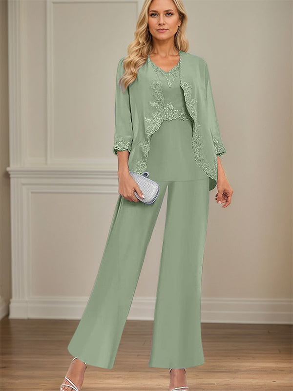 Eleganter Einfacher Rundhals Bodenlanger Mutter-der-Braut-Hosenanzug Hochzeitsgastkleid