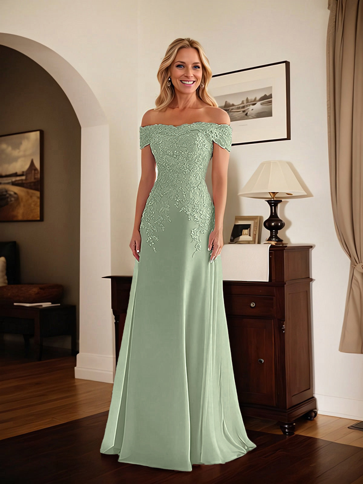 Elegantes taupefarbenes schulterfreies Etuikleid Mutter der Braut Kleid mit Spitze