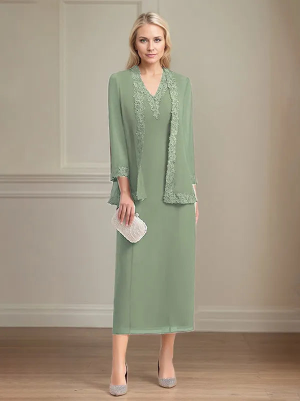Etui/Column Chiffon V-Ausschnitt 3/4 Ärmel Tea-Length Kleid für die Mutter der Braut