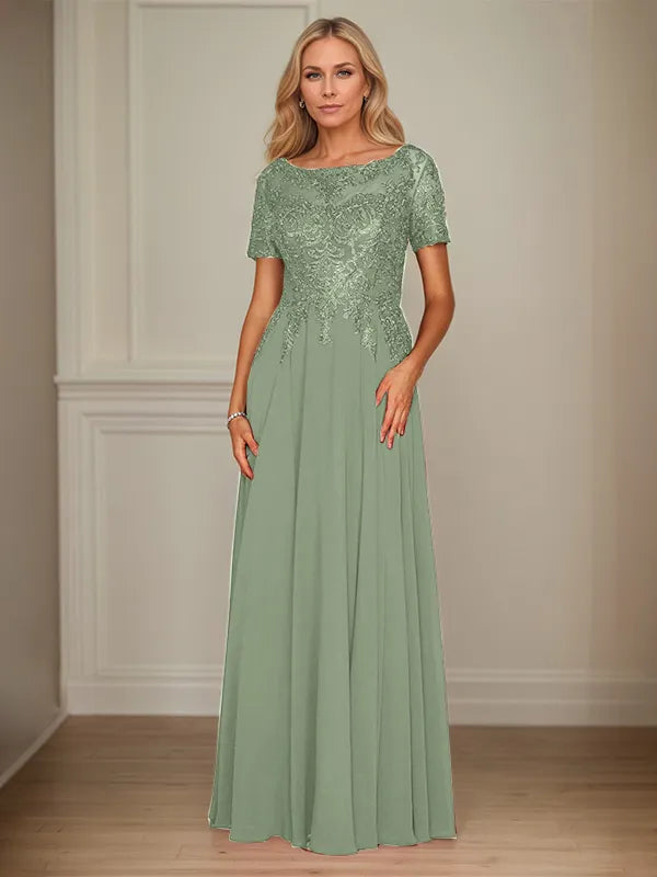 A Line Chiffon Boat Neck Short Sleeves Floor Length Mother of the Bride Dresses