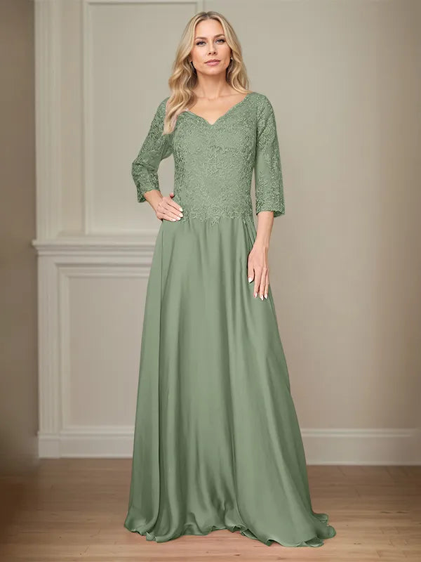 A Line Chiffon V Neck 3/4 Sleeves Floor-Length Mother Of The Bride Dress With Appliques