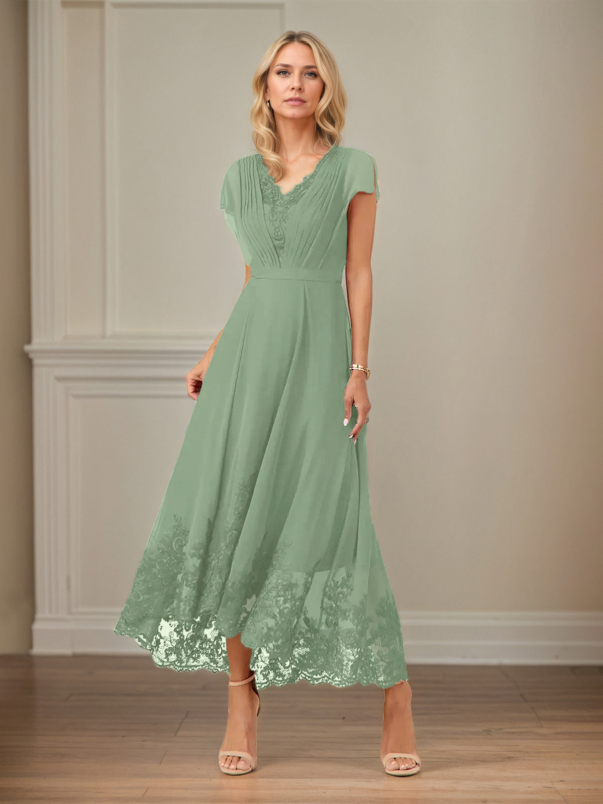 A-Linien Chiffon Kleid mit V-Ausschnitt, flatternden Ärmeln, knöchellang mit Applikationen