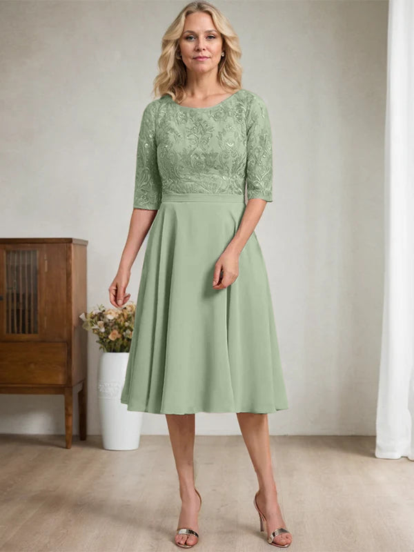 A-Linien Rundhalsausschnitt knielanges Spitzen-Chiffon Kleid für die Mutter der Braut