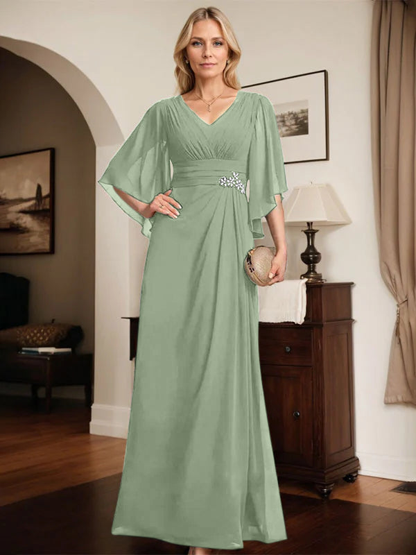 Etuikleid/Säule V-Ausschnitt bodenlanges Chiffon Mutter-der-Braut-Kleid mit plissierten Pailletten und Perlen