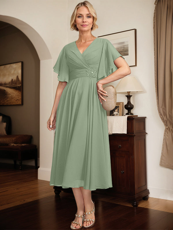 A-Linien Kleid mit V-Ausschnitt, tea-length Chiffon, Mutter der Braut mit plissierten Perlen
