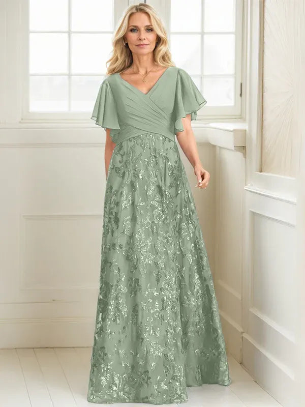 Vestido de madre de la novia en línea A con escote en V, largo hasta el suelo, encaje, lentejuelas y gasa plisada
