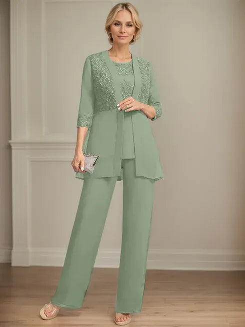 Combinaison/pantalon séparé en mousseline et dentelle, longueur au sol, col rond, robe mère de la mariée avec sequins