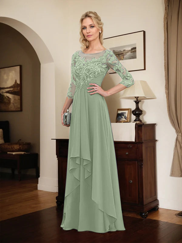 Robe mère de la mariée en ligne A avec col rond illusion, dentelle et chiffon longueur sol avec volants en cascade