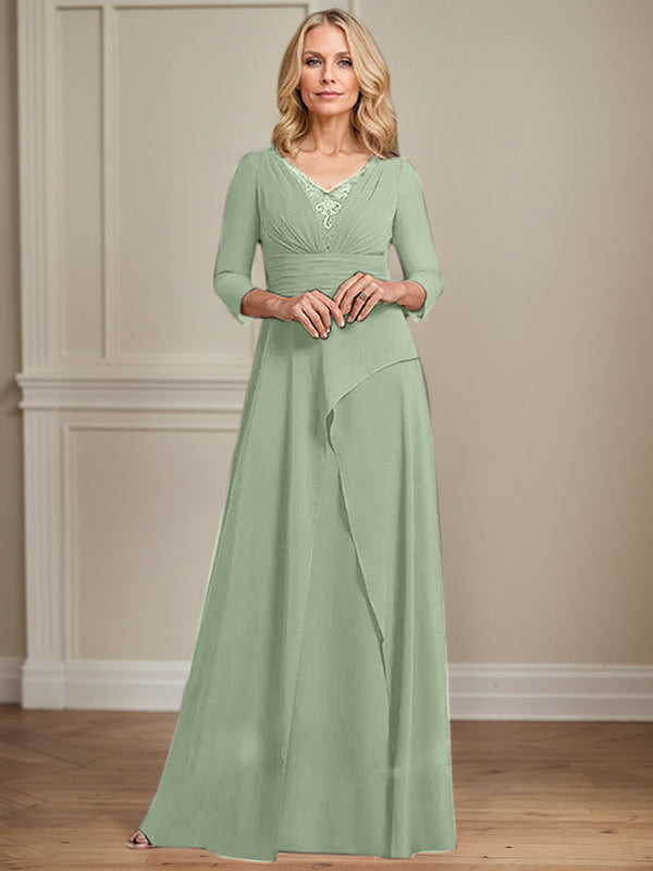 A-Linien Chiffon-Mutter-der-Braut-Kleid mit V-Ausschnitt, bodenlang, plissierte Perlenverzierung