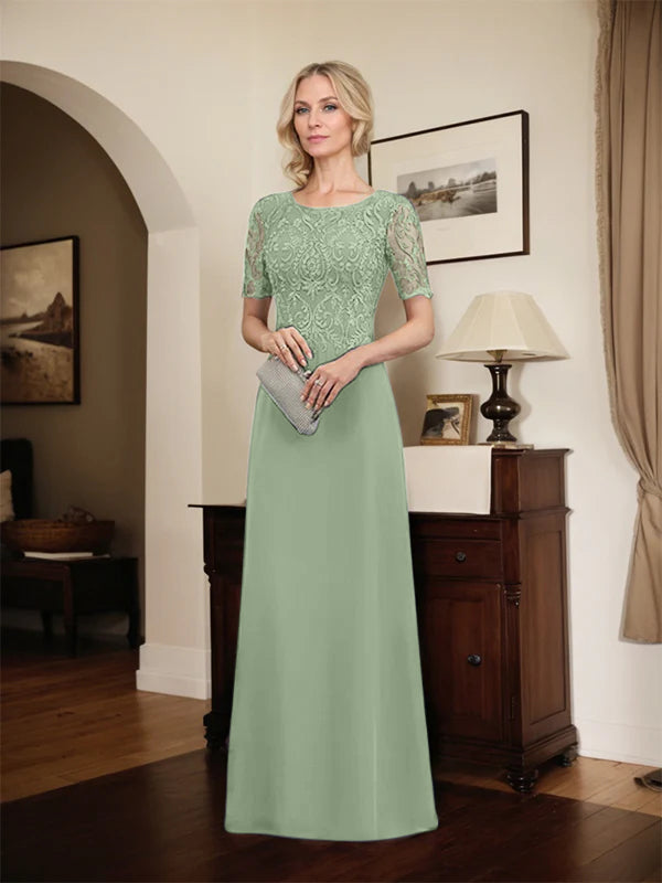 A-Linien Spitzen-Chiffon-Mutter-der-Braut-Kleid mit Rundhalsausschnitt, bodenlang und Pailletten