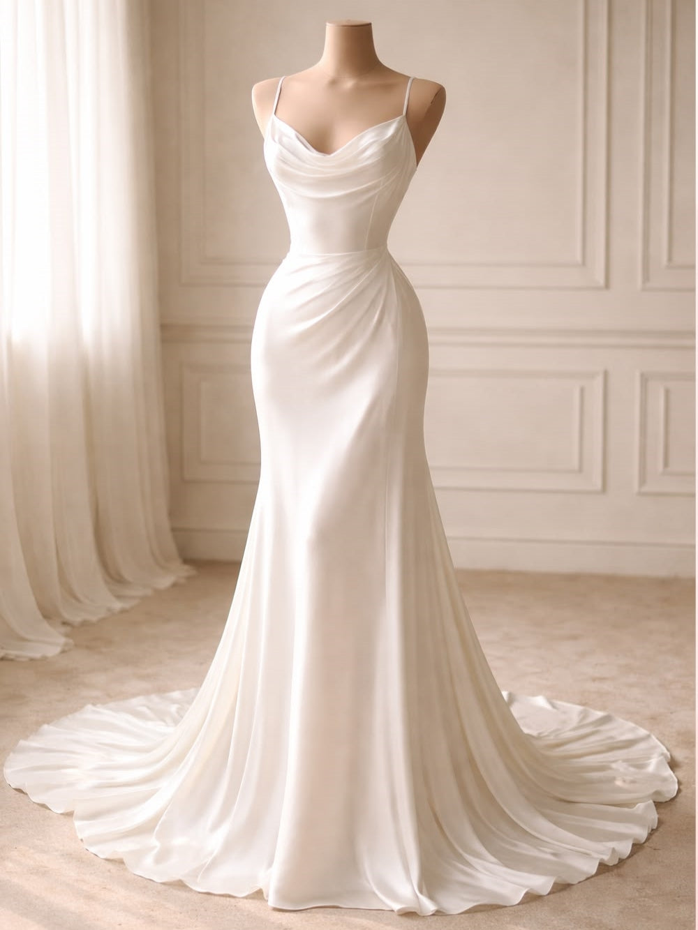 Thin Spaghetti Strap Cowl Neck Satin Mermaid Wedding Dress