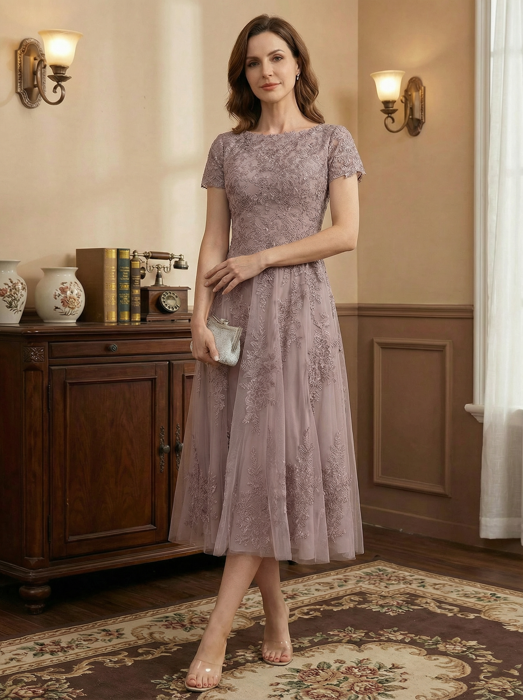 A-Linie Rundhals Tea-Length Tüll Spitzen Brautmutterkleid