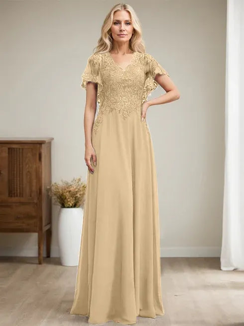 A-Linien V-Ausschnitt Bodenlanges Spitzen-Chiffon Kleid für die Brautmutter mit Pailletten