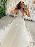 Applique Lace Sleeveless Deep V-Neck A-Line Tulle Wedding Dress