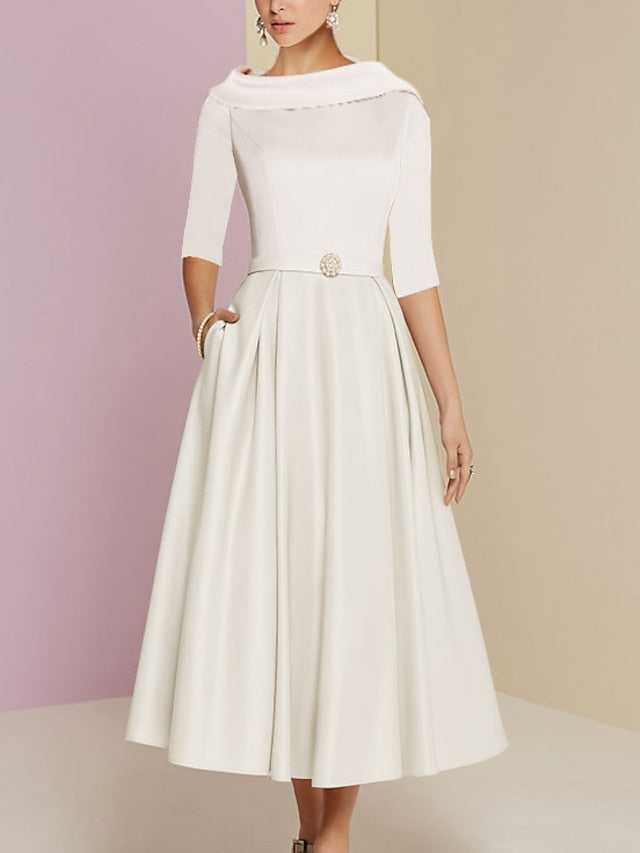 Robes mère de la mariée ligne A/princesse, col bijou, manches mi-longues, longueur thé, avec poches et plis