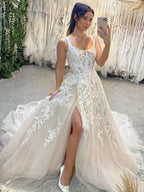 Scoop Neck Lace A-Line Tulle Wedding Dress With High Slit Long Train