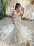 Romantic Off-Shoulder Lace Fit And Flare Large Lace Train Bridal Dress