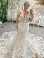 Long Sleeve Deep V Illusion Lace Low Open Back Mermaid Wedding Dress