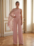 Chiffon Pantsuit Scoop Neck Floor-Length Evening Dresses with Ruched Waist