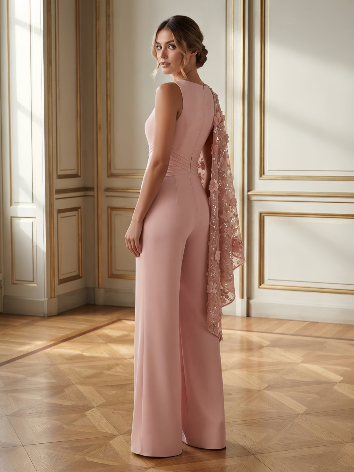Chiffon Pantsuit Scoop Neck Floor-Length Evening Dresses with Ruched Waist