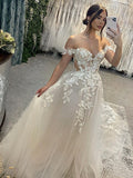 Off-The-Shoulder Illusion Corset Back Floral Lace Applique A-Line Tulle Wedding Dress
