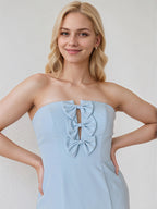 A Line Dusty Blue Chiffon Off the Shoulder Sleeveless Floor Length Dress With Bows
