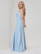 A Line Dusty Blue Chiffon Off the Shoulder Sleeveless Floor Length Dress With Bows