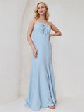 A Line Dusty Blue Chiffon Off the Shoulder Sleeveless Floor Length Dress With Bows