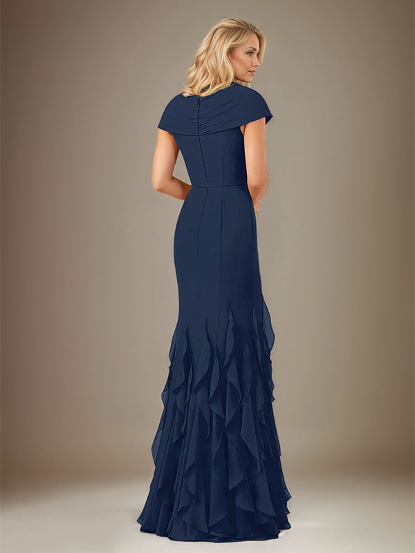 Vestido longo azul marinho escuro em chiffon, decote em V e mangas curtas